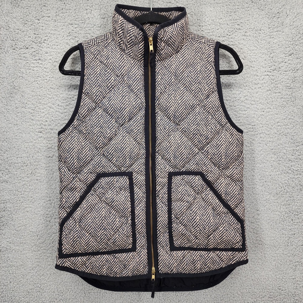 J. Crew Quilted Vest Herringbone Pattern Zip Front‎ Women's XS Black Tan